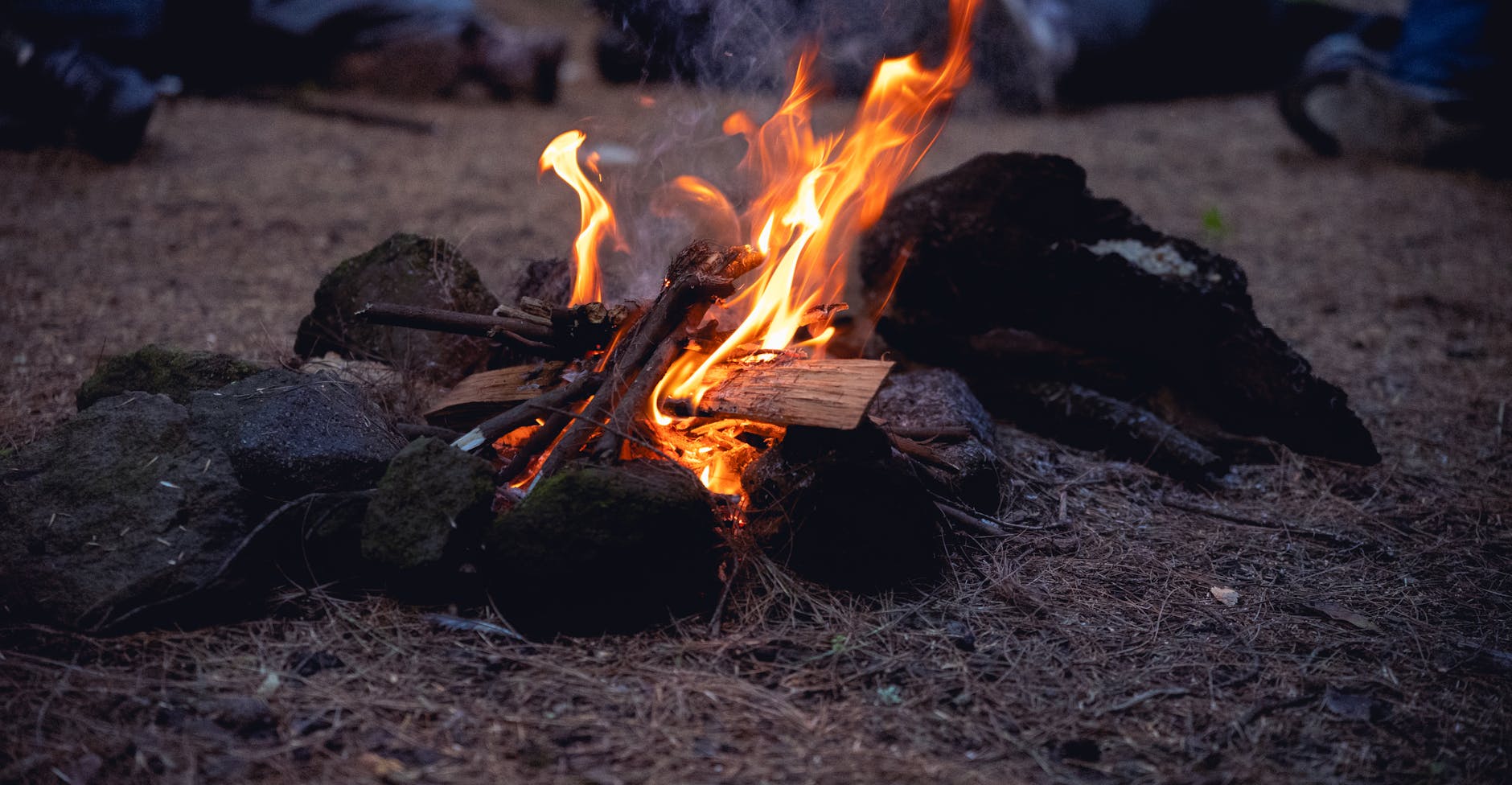 Ognisko otoczone kamieniami w lesie podczas biwaku harcerskiego